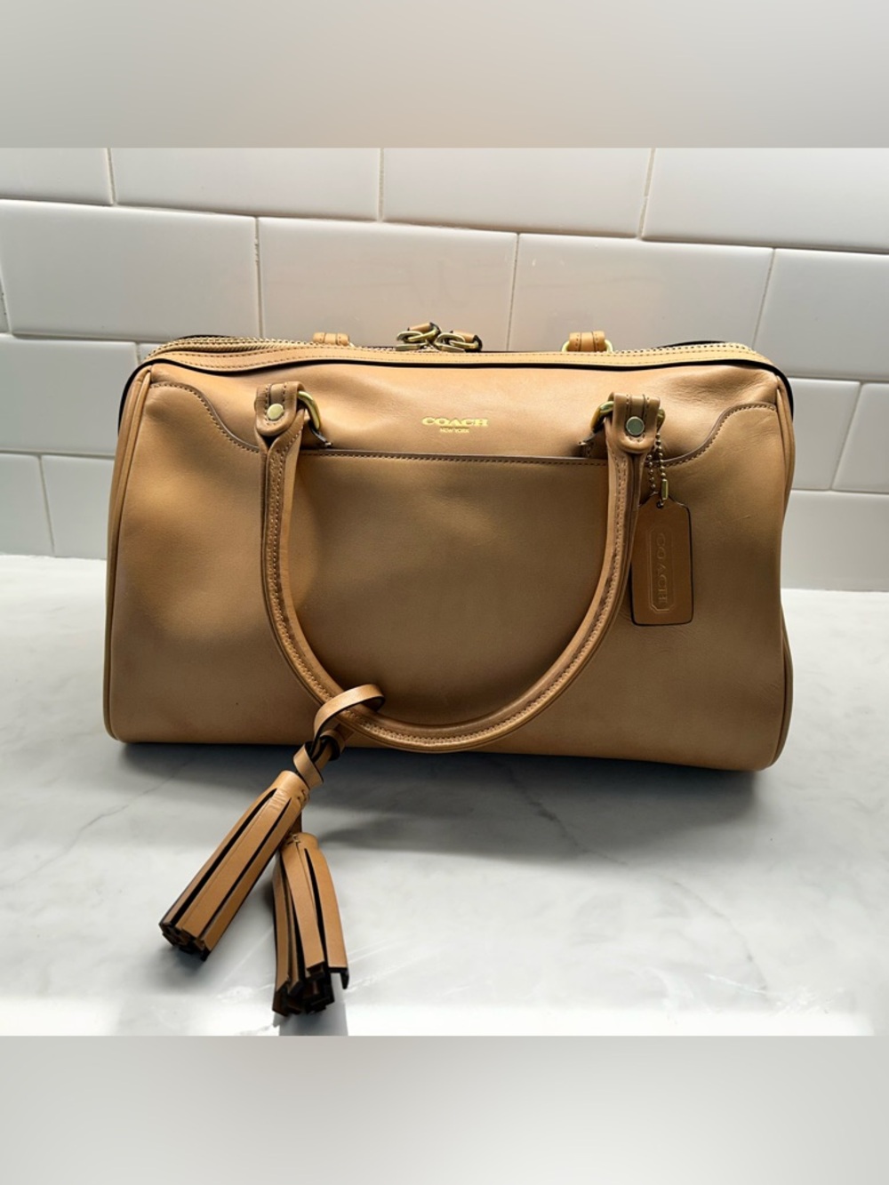 Coach Legacy Leather Duffle Satchel Bag Camel Tan Tassel Handbag Style 23574
